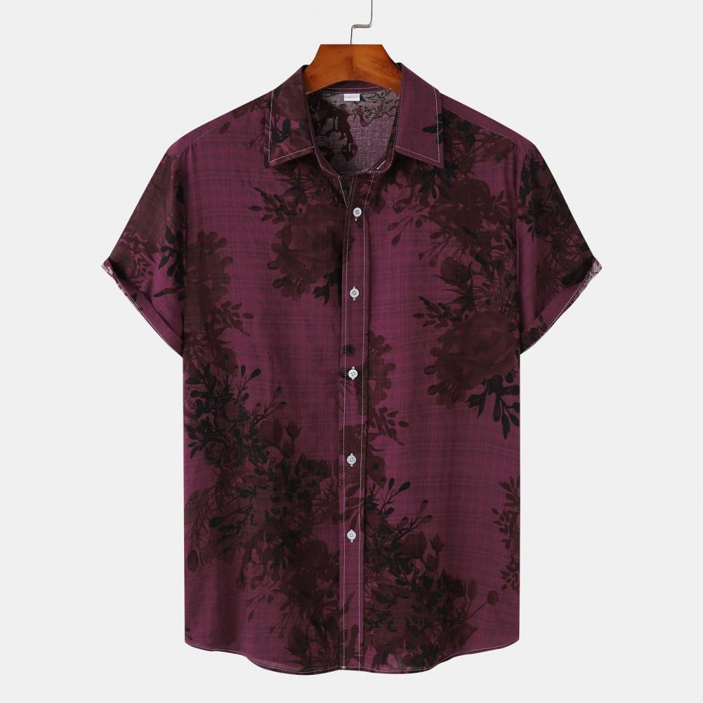 Summer Men Shirt Vintage Floral Print Turn-down Collar Single-breasted Short Sleeves Loose Cardigan Buttons Mid Length Top