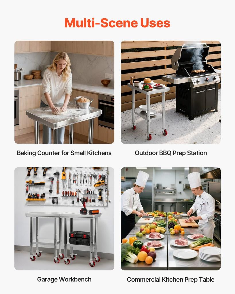 Stainless Steel Table, 61 x 45 cm Food Prep Worktable with Wheels, Kitchen Prep Table with Adjustable Undershelf Workstations for Commercial Kitchen,