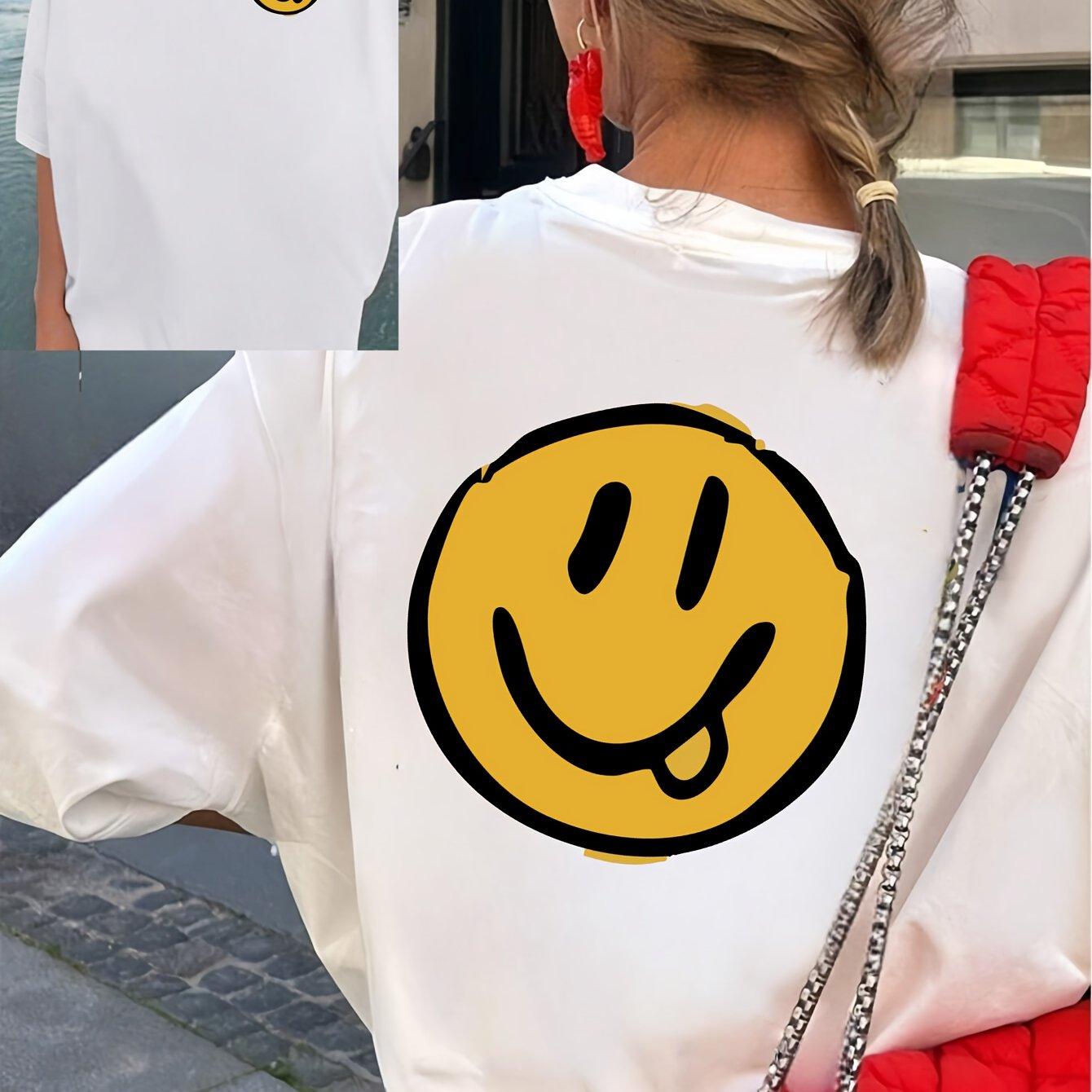 

ShortSleeved TShirt with Front and Back Prints Featuring A Smiling Face Design for Women Casual Trendy Top with A Round Neck S