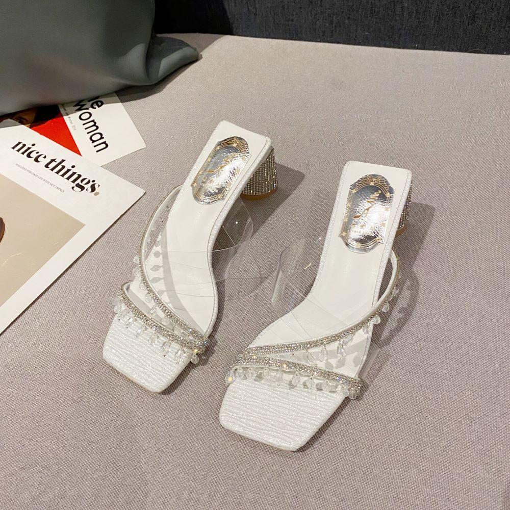 

Xibeilove летние женские модные тапочки с подвеской из кристаллов и стразами из ПВХ на среднем каблуке, свадебные туфли для вечеринки 37