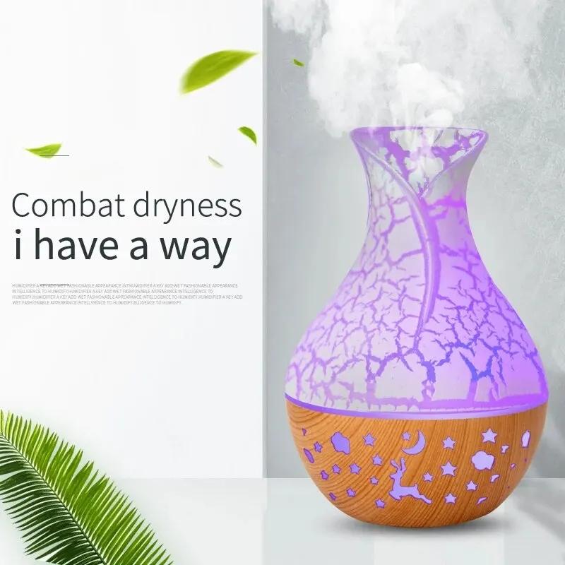 Holzmaserung-Aroma-Diffusor, 7 LED-Farbluftbefeuchter, 400 ml Fassungsvermögen, Ultraschall-Luftbefeuchter, USB-Luftbefeuchter mit kühlem Nebel für Zuhause