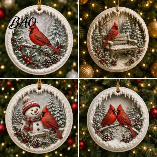 Christmas Party Supplies Acrylic Red Bird Ornament, Snow Scene Pattern Xmas Tree Lightweight Decor Hanging Decor, Retro Round Pendant for Winter
