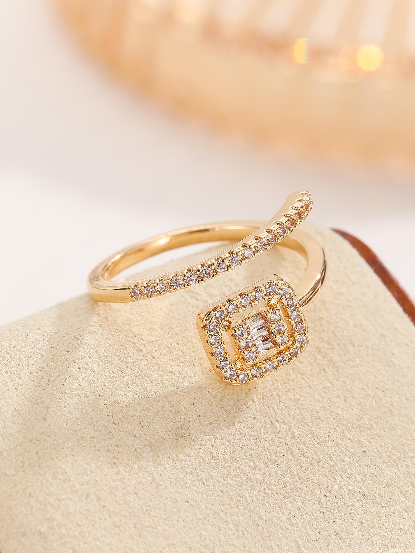 Роскошный набор: браслет и кольцо с цирконием: Покрытый медью, Белое золото, Квадратный, Полностью бриллиантовый, Открывающийся браслет с ощущением высокого качества