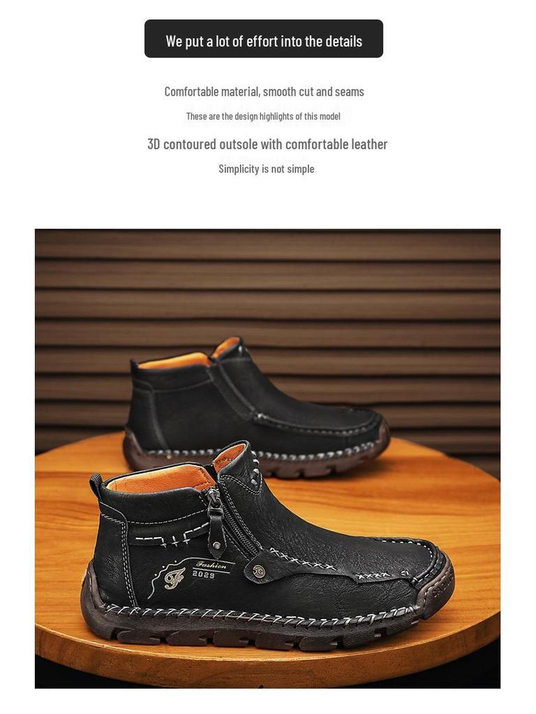 Men's Martin Boots: Autumn/Winter Zipper Casual Short Boots with Plus Size, Handmade Stitching, and Velvet Lining.