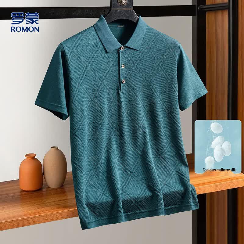 Men s Jacquard Mulberry Silk Blend Short Sleeve Polo Shirt 3XL