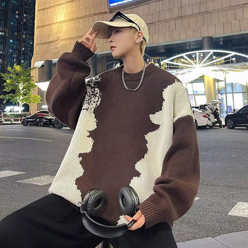 Men's Oversized Crew Neck Knit Sweater Black White Irregular Pattern Loose Fit Casual Streetwear Pullover