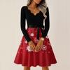 Women's Casual Fashion V-neck Long Sleeved Retro Christmas Print Retro Dress