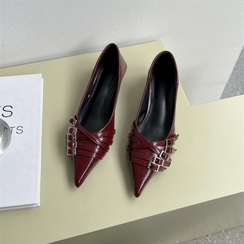 Spring and autumn new fashion pointed low heel women's shoes, with belt buckle lightweight slip ballet elegant high heels