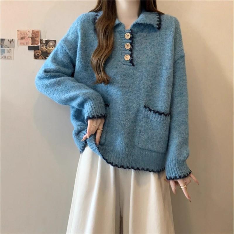 Loose Oversized Polo Neck Knit Sweater Women Plus Size Fall Winter Slim Fit Base Top