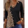 Women Casual V Cross Collar Leopard Print Single Breasted Long Sleeve T Shirt