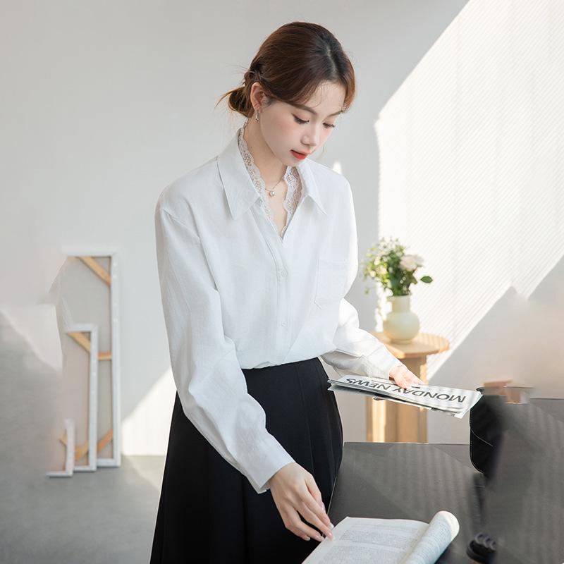 Women s Elegant White Lace Patchwork V-Neck Long-Sleeved Shirt - Spring 2026 Collection M белый