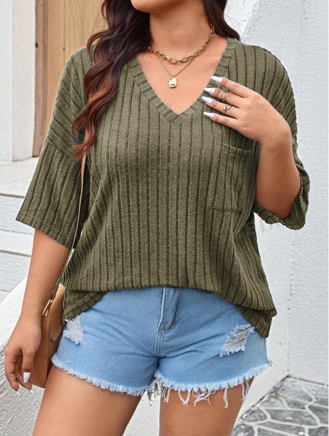 2025 Spring/Summer European & American Fashion Casual Women's Solid V-neck Pocket 3/4 Sleeve T-shirt