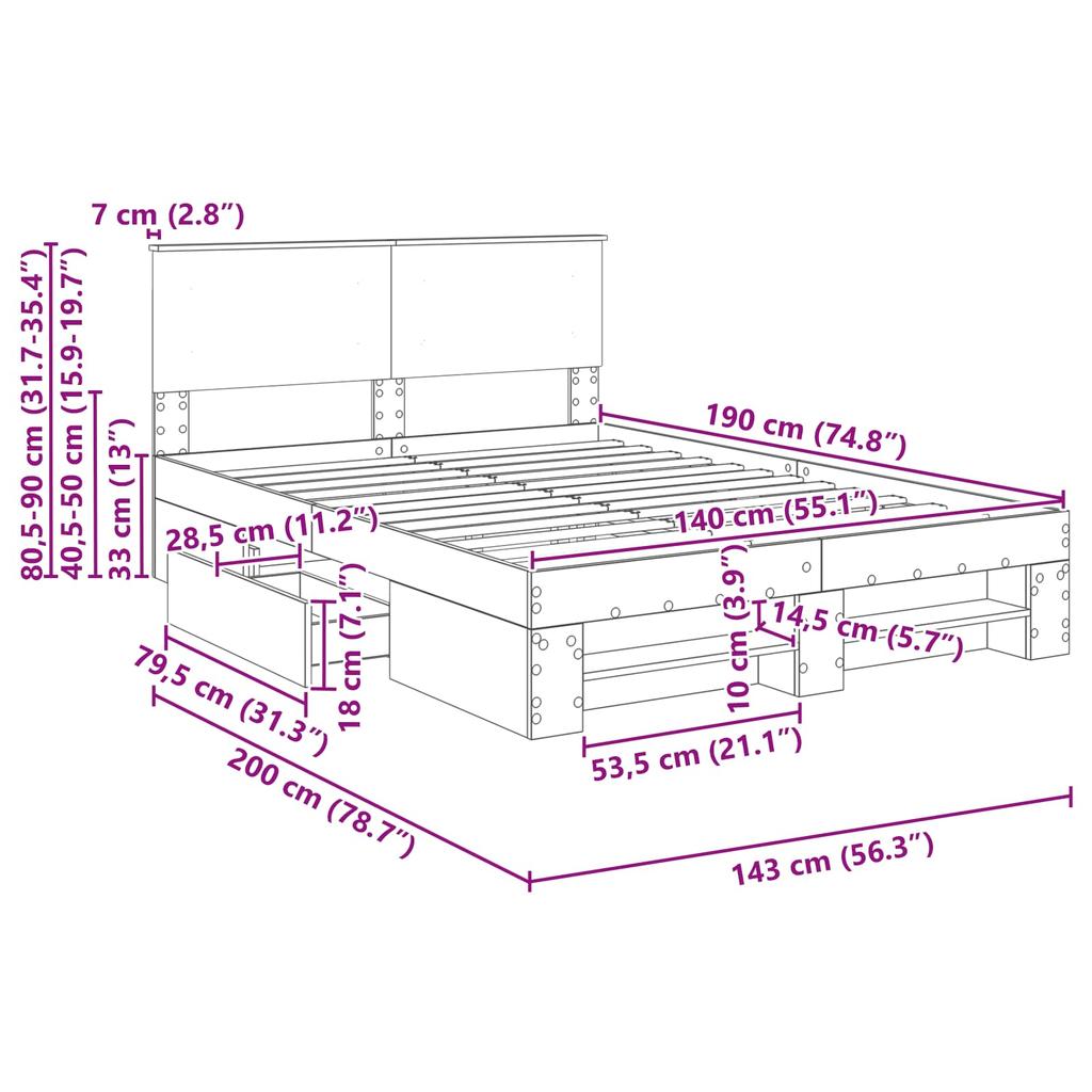 Bed Frame with Headboard Sonoma Oak Finish 140 x 200 cm Engineered Wood