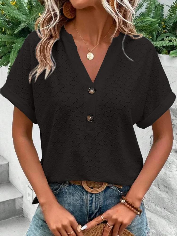 2025 Spring/Summer New Women's Fashion Casual Solid Button V-neck T-shirt for Women