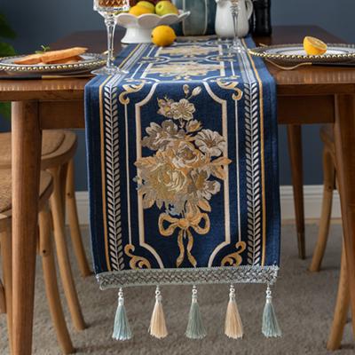 Tassel Floral Table Runner Floral Soft Decorative Chenille Dustproof Table Mat for Home Hotel Dark