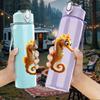 1PC Seahorse Marine Ocean Animal Print 750ml Color Plastic Sports Water Bottle Leakproof Flip Straw Lid Suitable for Sports Office Home Use