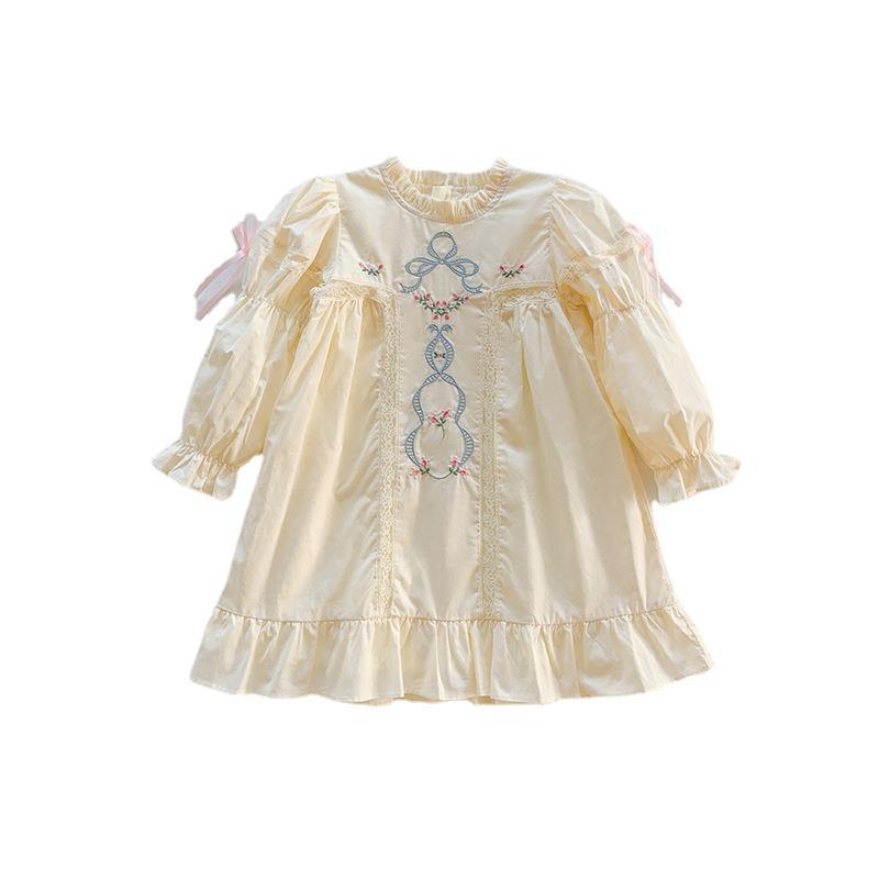 Girls Spring Cotton Princess Dress With Embroidered Lace Puff Sleeves Elegant Kids Party Gown For Little And Big Girls