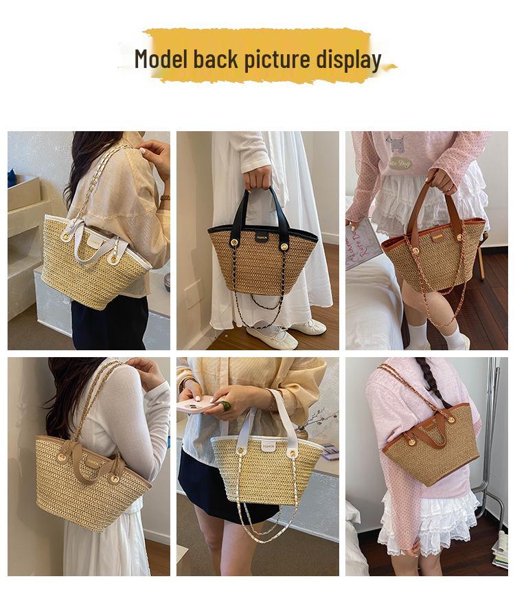 Women's 2026 Korean-Style Vacation Straw Bag: Handheld, Large Capacity, Chain Shoulder, Simple Fruit Basket Design