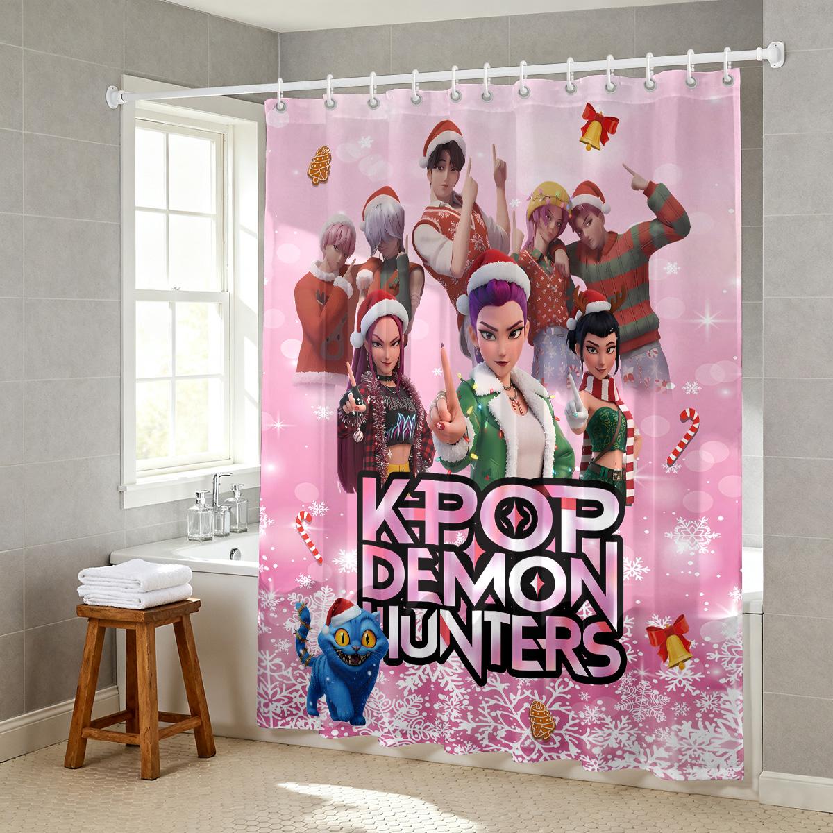 

1pc K-Pop Demon Hunters Christmas print waterproof shower curtain partition privacy hanging curtain 12 hooks multiple sizes 150x180cm
