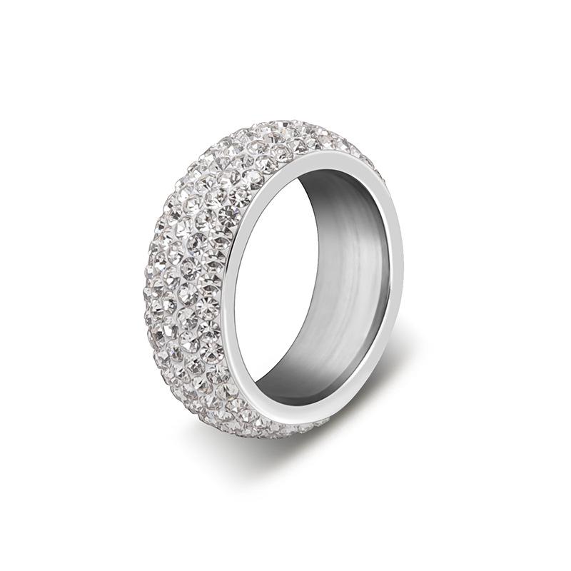 

European-American Fashion Titanium Steel Zirconia Ring: Five-Row Diamond Design, Exaggerated Stainless Steel Couple Style Size 10