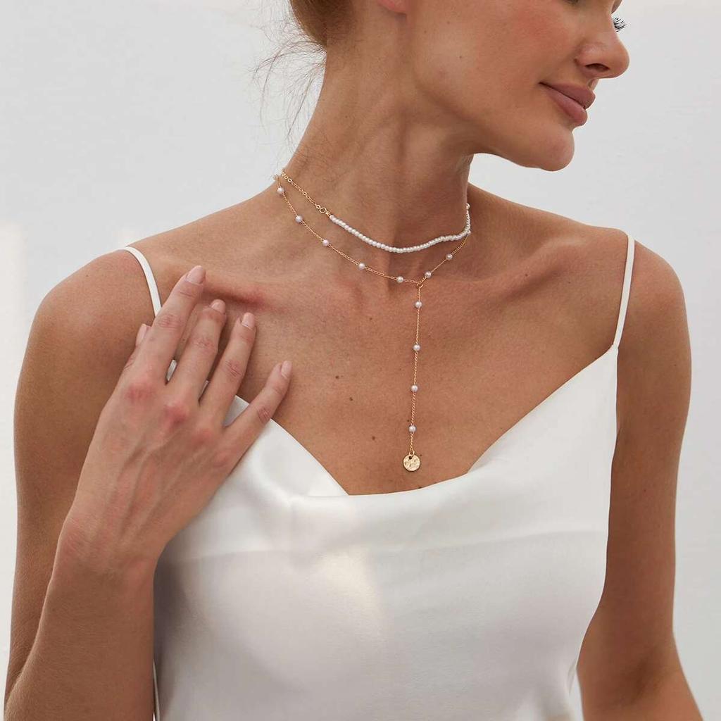 Ingemark 2Pcs/Set Minimalist Imitation Pearl Chain Necklace for Women Collar Trend Vintage Sequin Pendant Choker Party Jewelry