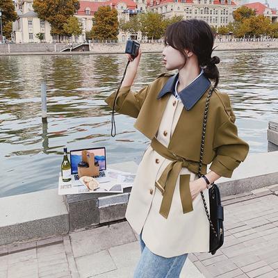 Women's Windbreaker Coat, Loose Spring and Autumn Contrast Color Fake Two-piece British Style Mid-length Coat