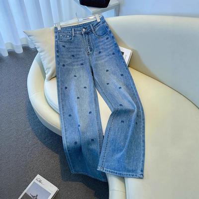 Jean Retro Américain Bleu Rose Brodé Strass Chaud Taille Haute Robuste Lavé et Mince Jambe Droite