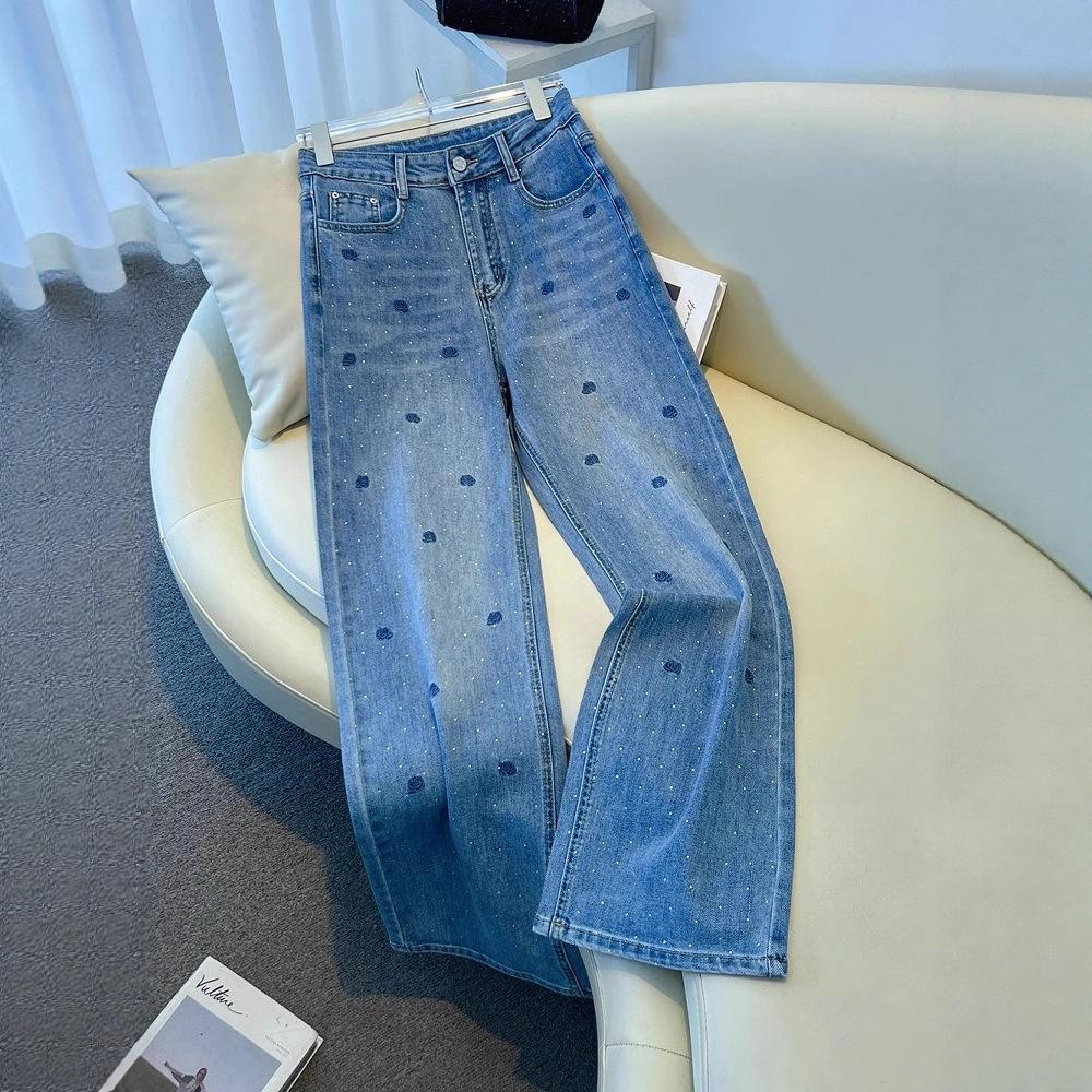 

American Retro Blue Rose Embroidered Hot Diamond Jeans High-waisted Heavy-duty Washed and Thin Straight-leg Pants XS синій