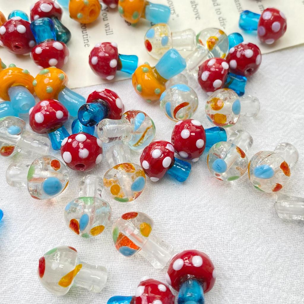 Glazed Handmade Mushroom Beads with Straight Holes - Irregular Polka Dot Design