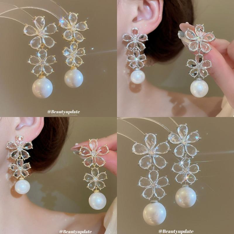 Silver Needle Zircon Flower Pearl Fringed Earrings Fashionable Versatile Stud Earrings Light Luxury High-end Earrings Design Sense Niche