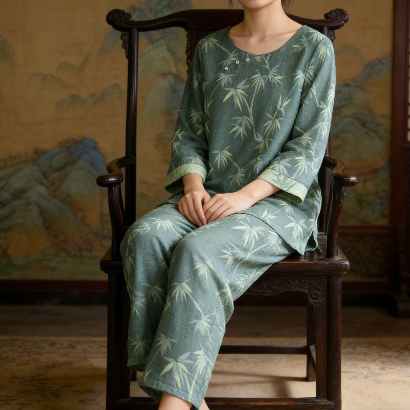 2026 Neues Damen Frühjahrs- und Herbst-Pyjama-Set 100% Baumwolle Jacquard Langarm Lange Hose Chinesisches Bambus Großes Hauskleid