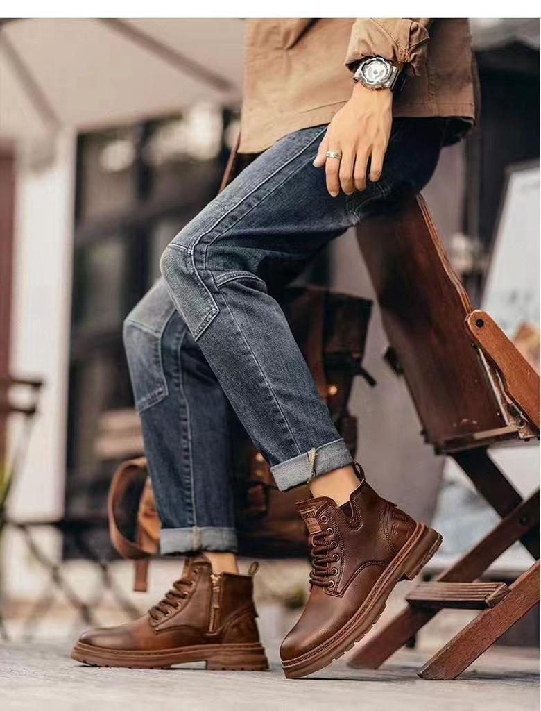 Bottes Martin en Cuir Doublées de Polaire Automne/Hiver 2025 - Chaussures Décontractées Hautes Résistantes à la Saleté pour Hommes