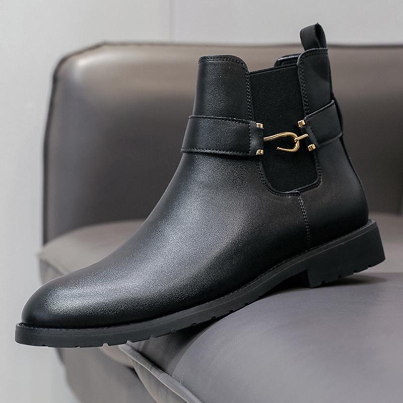 

Winter New Fashion Black Brown Chelsea Motorcycle Ankle Boots Pointed High Tops For Men Flats All Match Shoes Zapatos Hombre 38