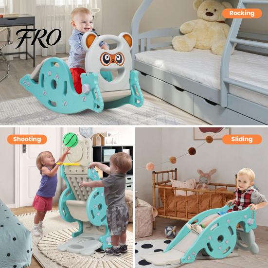 Combination Slide 4-in-1 Kids Rocking Toy, Portable for Children, Horse Long with Basketball Hoop, Convertible Freestanding Age 1-6 Boys And