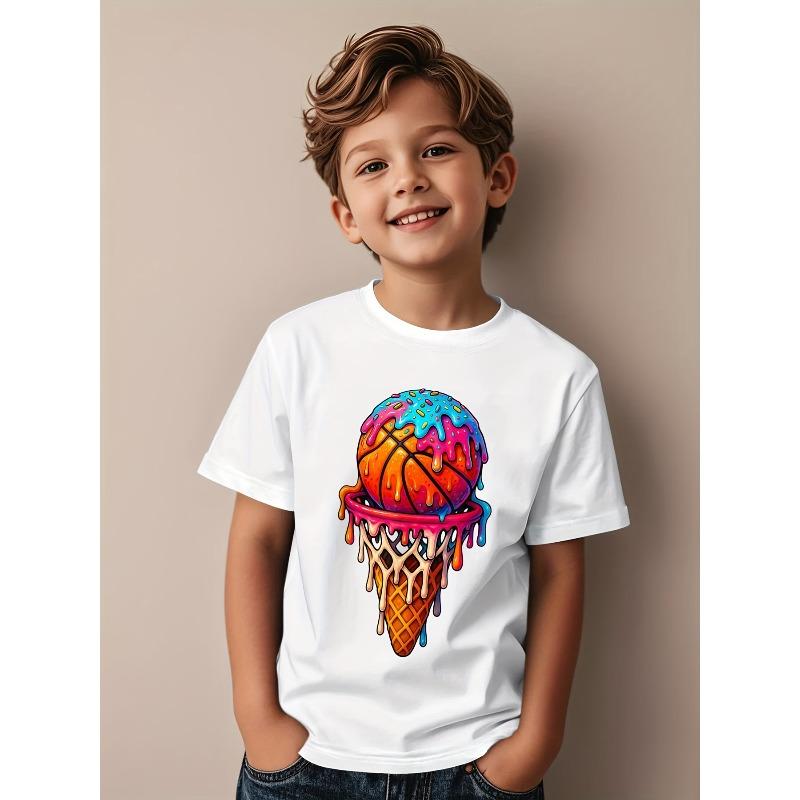 European sizes Ice Cream Drip Pattern Print T-Shirt - Fun Fashion Casual Short Sleeve T-Shirt, Suitable for Boys, Lively Geometric Design