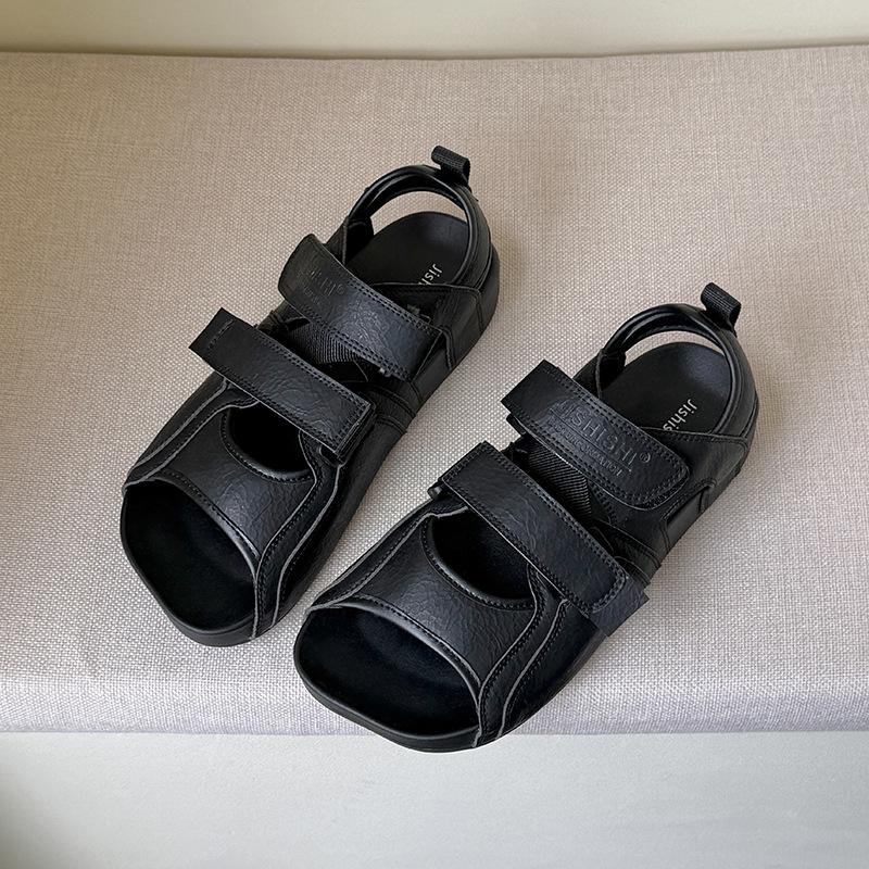 Niche Crooked Square Head Flat-soled Sandals Women's Summer Retro Versatile Flat-heeled Velcro Casual Beach Thick-soled Cool Slippers