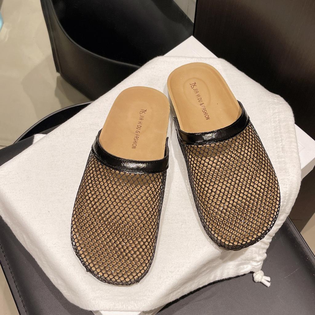 Thick Bottom Hollow Fishing Net Birkenstocks Slippers Women's 2025 Summer New Cork Flat Bottom Comfortable Bag Head Half Slippers