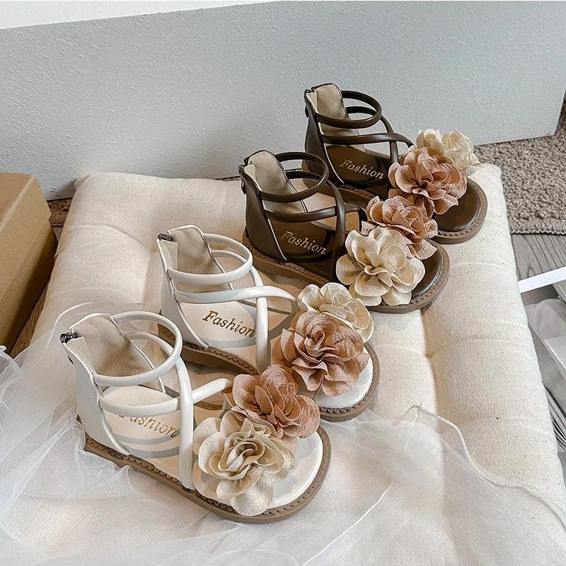 Kids Sandals with Sweet Flowers 2024 Summer Korean Edition Girls'  Fashion Princess Shoes for Party Wedding Elegant Temperament