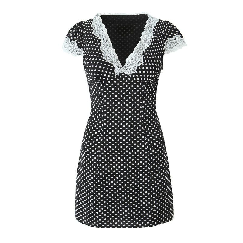 

PROTONIC Lanzhi City French style Retro Age-Reducing Lace Stitching Low V-neck Polka Dot Slimming Temperament Holiday Style Dress Black Dot Dress L