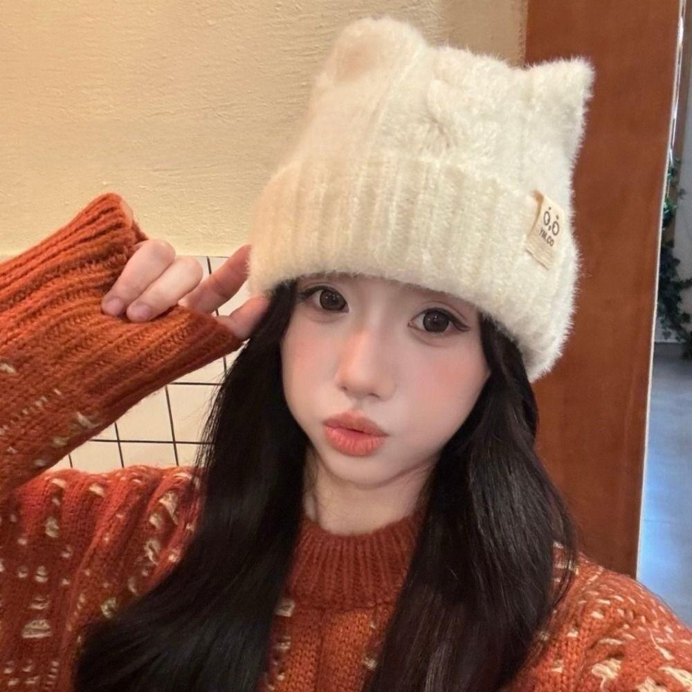 Cold Proof Knitted Beanie Hat Thermal Winter Skull Cap Fashion Cat Ear Beanie Daily Wear