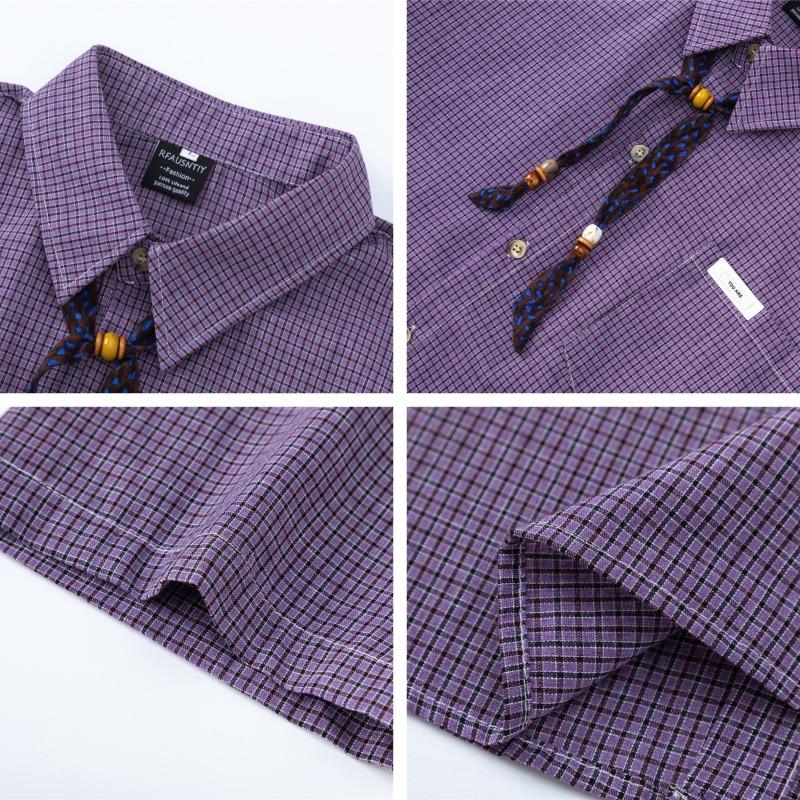 Japanese Retro Streamer Decorative Purple Plaid Short-sleeved Shirt Summer Loose Casual Lapel Shirt for Men and Women