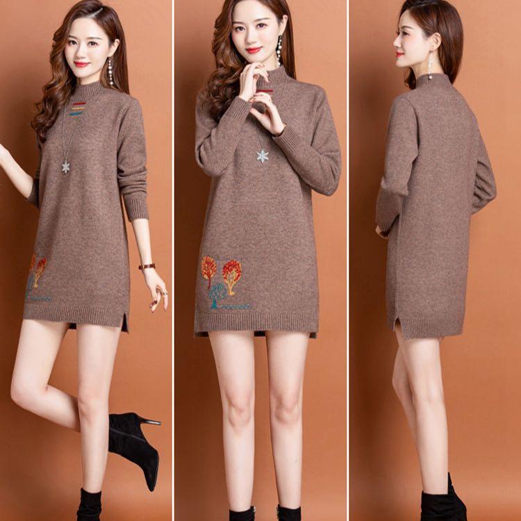 Mid Length Sweater Dress for Women Loose Thick Warm Semi High Neck Knitted Sweater Solid Color Long Sleeved Pullover