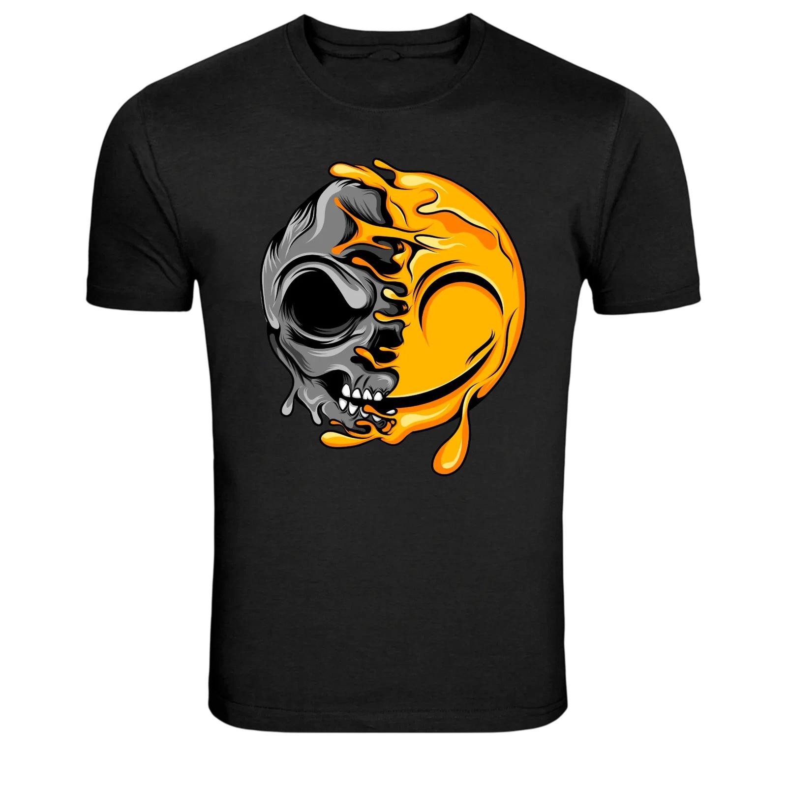 Half Skull Melting Smiley Face Horror Emoji Graphic T-Shirt 2XL