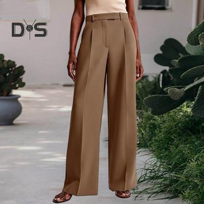 Summer Women Pants High Waist Slim Straight Legs Suit Pants with Pockets Solid Color Loose Fit Button Zipper Closure Office Pants