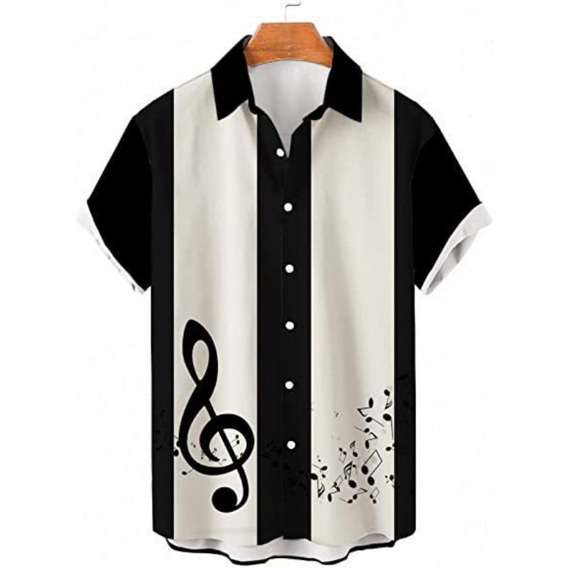 Men's Casual Shirt 3D Music Note Printed Hawaiian Men's Short Sleeve Lining
