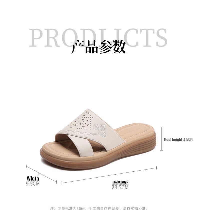 Red Dragonfly Women's Genuine Leather Non-slip Summer Slippers - Hollow Flat Bottom Cowhide Sandals for Middle-aged and Elderly.
