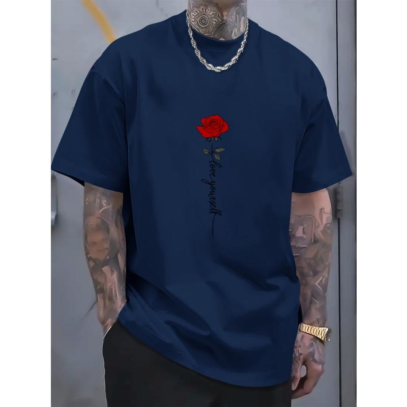 Men's Summer 100 Cotton Fashionable Casual Sports Loose Red Rose Pattern Printed Round Neck Short Sleeved T-shirt Top