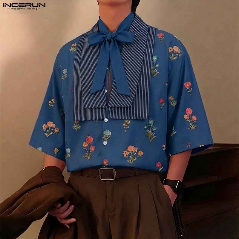 INCERUN Men Lapel Neck Short Sleeve Floral Print Striped Patchwork Casual Summer Shirts Tops
