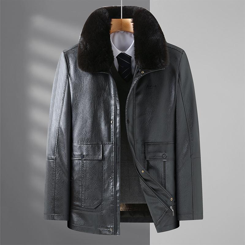 

New Leather Jacket for Men with Velvet and Thickening, Middle-aged and Older Men s Removable Liner, Dad s Winter Clothing, Lapel Warm Leather Jacket 175