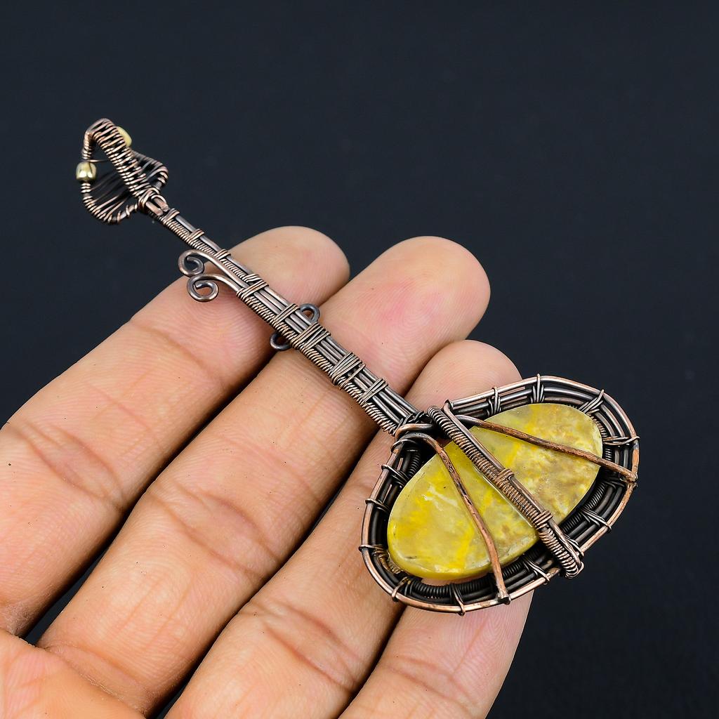 Guitar Bumblee Bee Jasper Handmade Copper Wire Wrap Pendant 3.82 g4m13